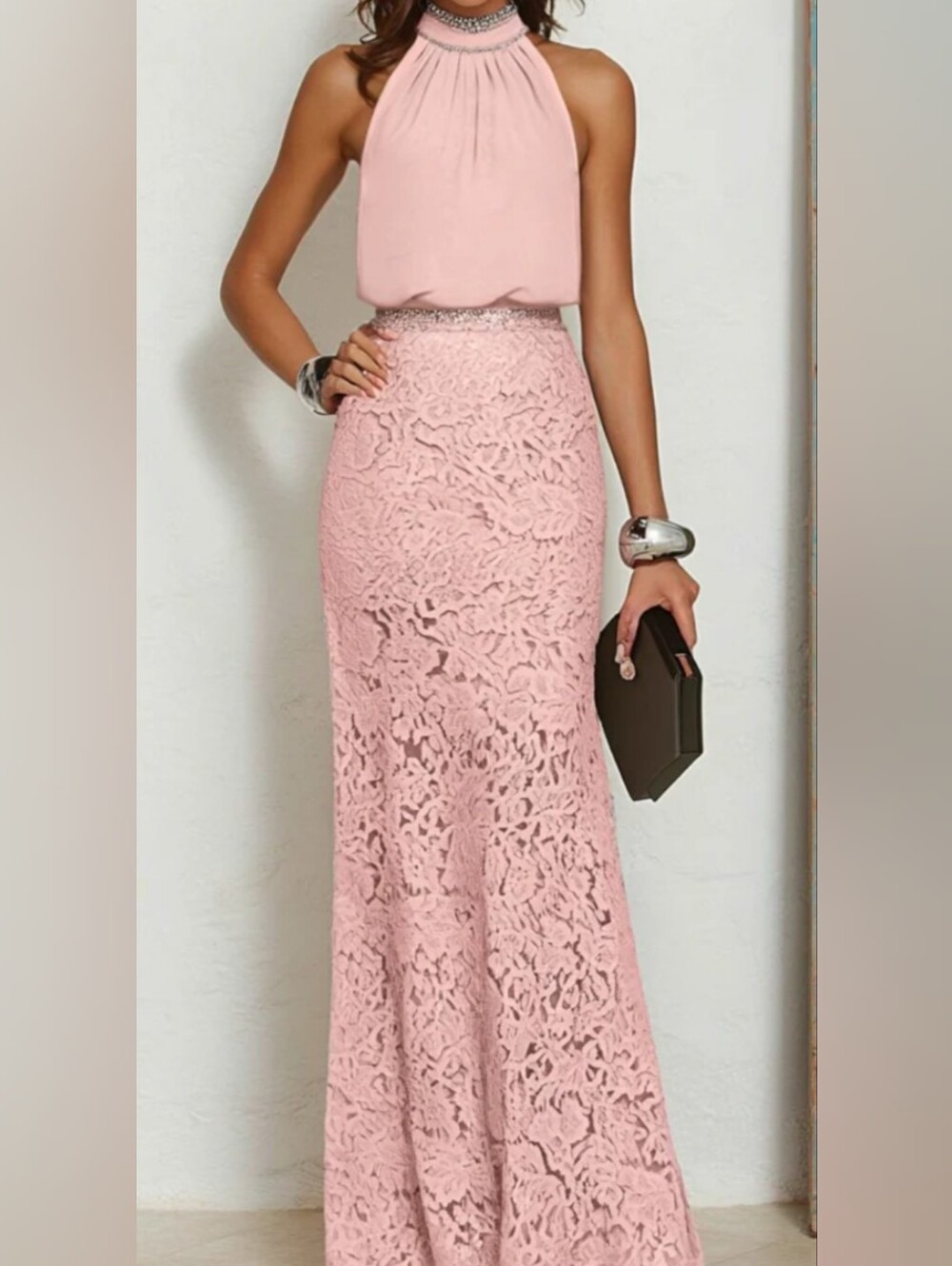 NWT Fehaute Gown With Jeweled Halter Neck And Waist, lace mermaid bottom size 10